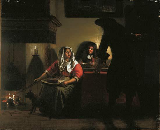  Interior with Two Gentleman and a Woman Beside a Fire